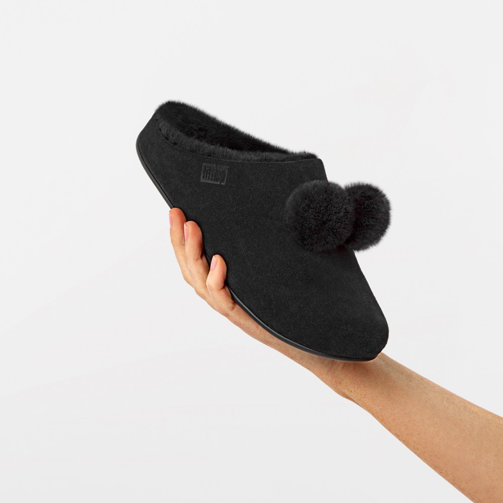 Fitflop Womens Slippers Black - Chrissie Pom-pom Shearling - 87MZSTAJH